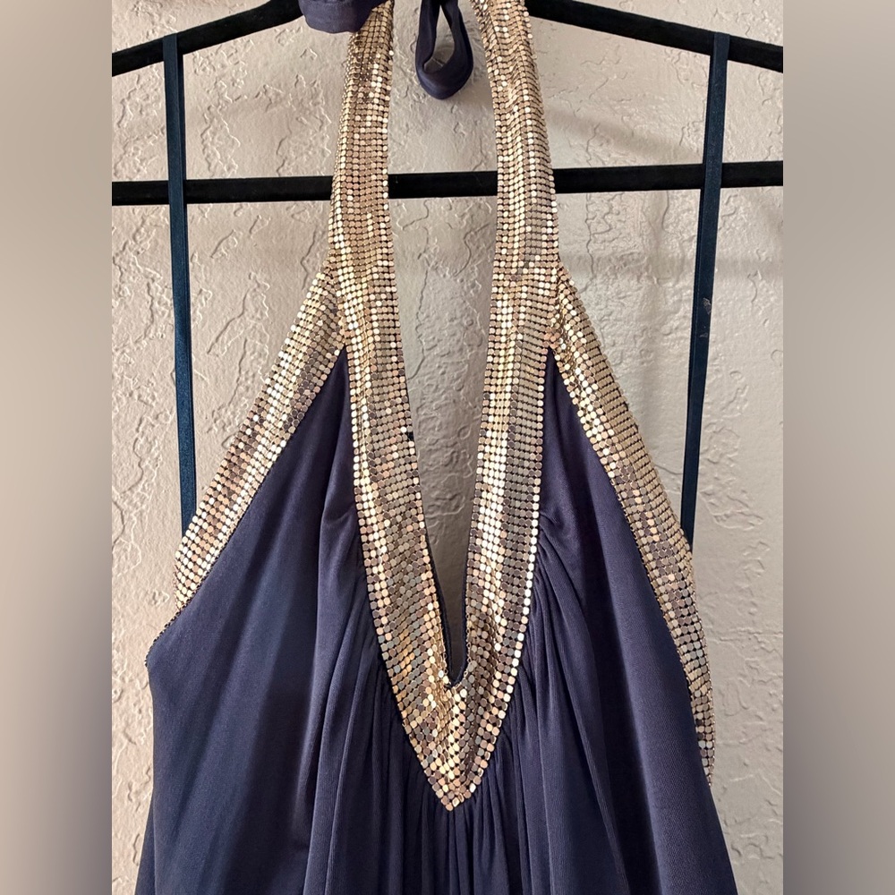 BCBGMaxAzria Backless Dress in Navy with Gold Details